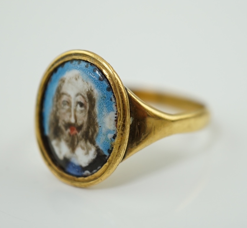 A mid 17th century Charles I gold and enamel oval memorial ring